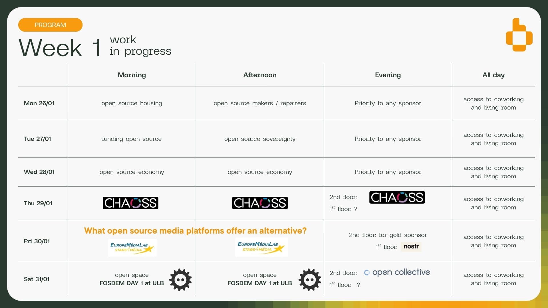 Programme grid for week 1