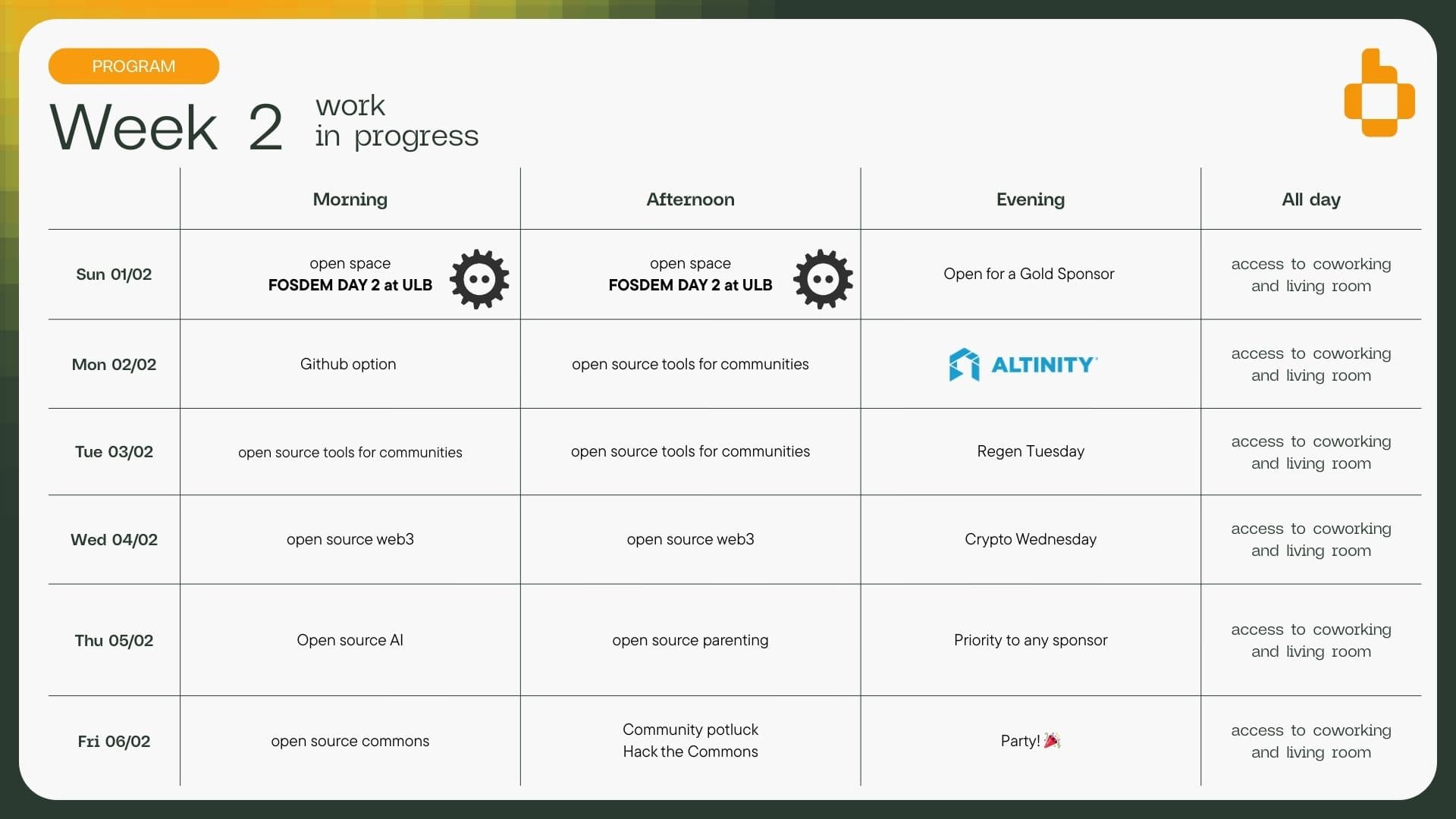 Programme grid for week 2